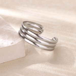 Women’s Modern Open Cuff Bangle – Silver Stainless Steel, Wide Design