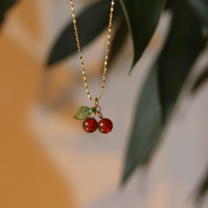 Gold-Plated Stainless Steel Cherry Pendant Necklace