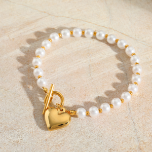 Gold-Plated Stainless Steel Heart & Pearl Bead Jewelry - Bracelet or Necklace