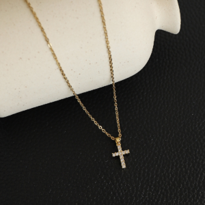 Gold-Plated Stainless Steel Cross Pendant Necklace with Zircon