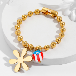 Gold Bead Bracelet with Flower & Puerto Rico Flag Charm – 304 Stainless Steel, Unisex