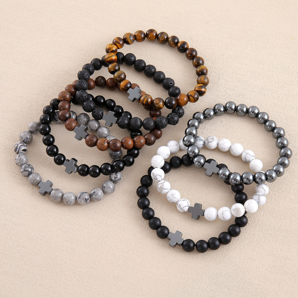 Pure Reflections Men’s Natural Stone Cross Beaded Bracelet - Pure Reflections Store