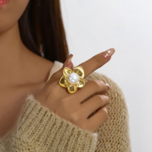 Gold Flower Statement Ring with Pearl Center