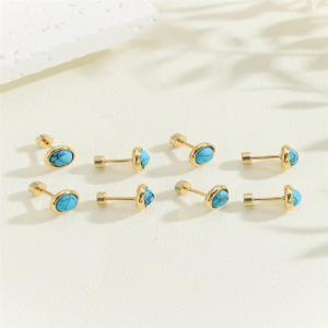 Elegant Geometric Blue Stone Stainless Steel Ear Studs – Gold Plated, Women’s