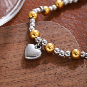 Women’s Beaded Heart Charm Bracelet – Gold & Silver Stainless Steel, Slip-On
