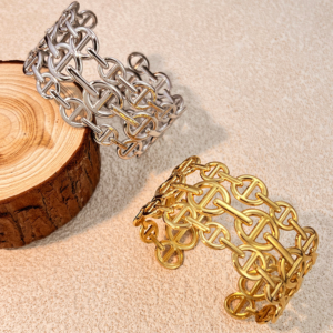 Women’s Wide Retro Hollow-Out Bangle – 18K Gold or Silver Plated Stainless Steel