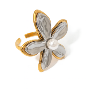 Gold & Silver Flower Statement Ring with Pearl Accent