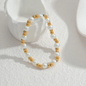 Gold Geometric Pearl Bead Bracelet – 18K Gold Plated, 304 Stainless Steel, Artificial Pearls