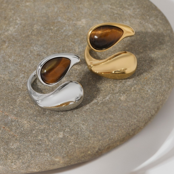 Pure Reflections Modern Tiger Eye Open Ring (Gold or Silver Stainless Steel) - Pure ...