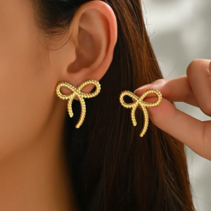 Gold-Plated Beaded Bow Knot Stainless Steel Stud Earrings