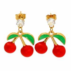 Gold-Plated Cherry Drop Earrings with Green Enamel Leaves and Clear Stone