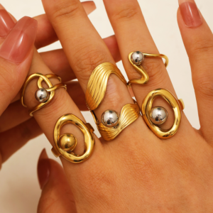 Geometric Gold Stainless Steel Open Rings with Silver Bead – 3 Unique Styles (Adjustable)