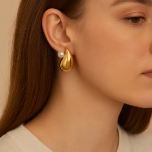 Elegant Gold Waterdrop Stainless Steel Earrings with Pearl Accent
