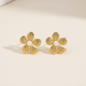 Gold-Plated Stainless Steel Flower Pearl Stud Earrings