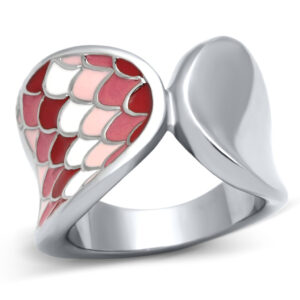High‑Polished Stainless Steel Heart Wing Ring with Red Multi‑Color Epoxy