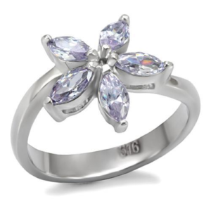 High‑Polished Stainless Steel Flower Ring with Light Amethyst AAA CZ