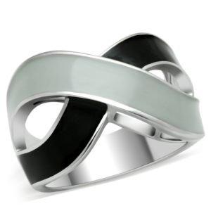Rhodium Stainless Steel Crossover Ring with Black & White Epoxy