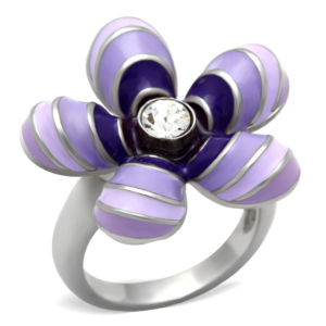 High‑Polished Stainless Steel Purple Flower Statement Ring