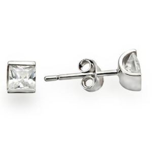 Rhodium 925 Sterling Silver Square Stud Earrings with Clear AAA CZ