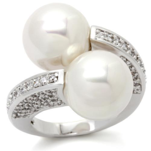 Rhodium Brass Double Pearl Ring with Clear AAA CZ Accents