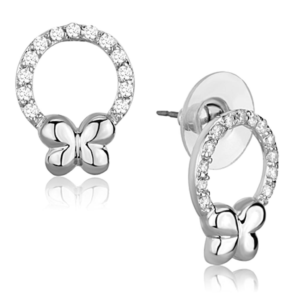 Rhodium Brass Halo Earrings with Clear AAA CZ & Butterfly Detail