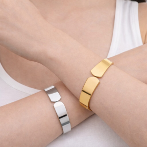 Stainless Steel Modern Wide Hinged Bangle Bracelet (Silver or Gold)