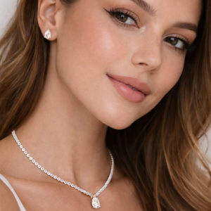 Gold-Tone Teardrop CZ Pendant Necklace & Stud Earrings Set (Clear CZ)