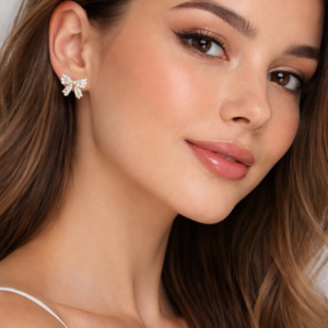 Gold Dipped CZ Bow Stud Earrings (Clear CZ)